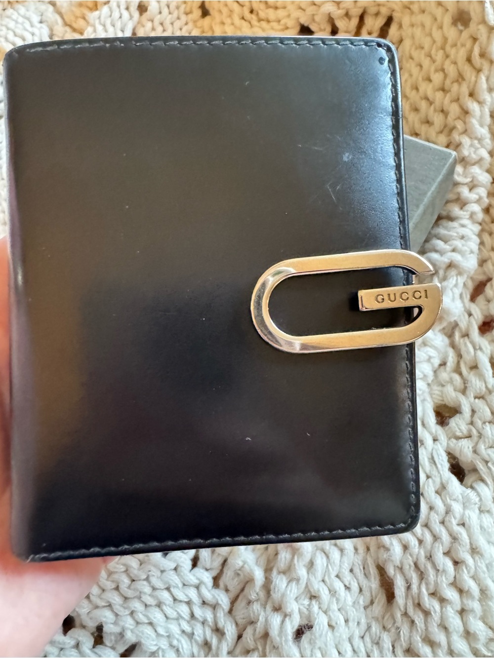 Gucci Black Leather Compact Wallet with Gold Oval Logo Clasp
